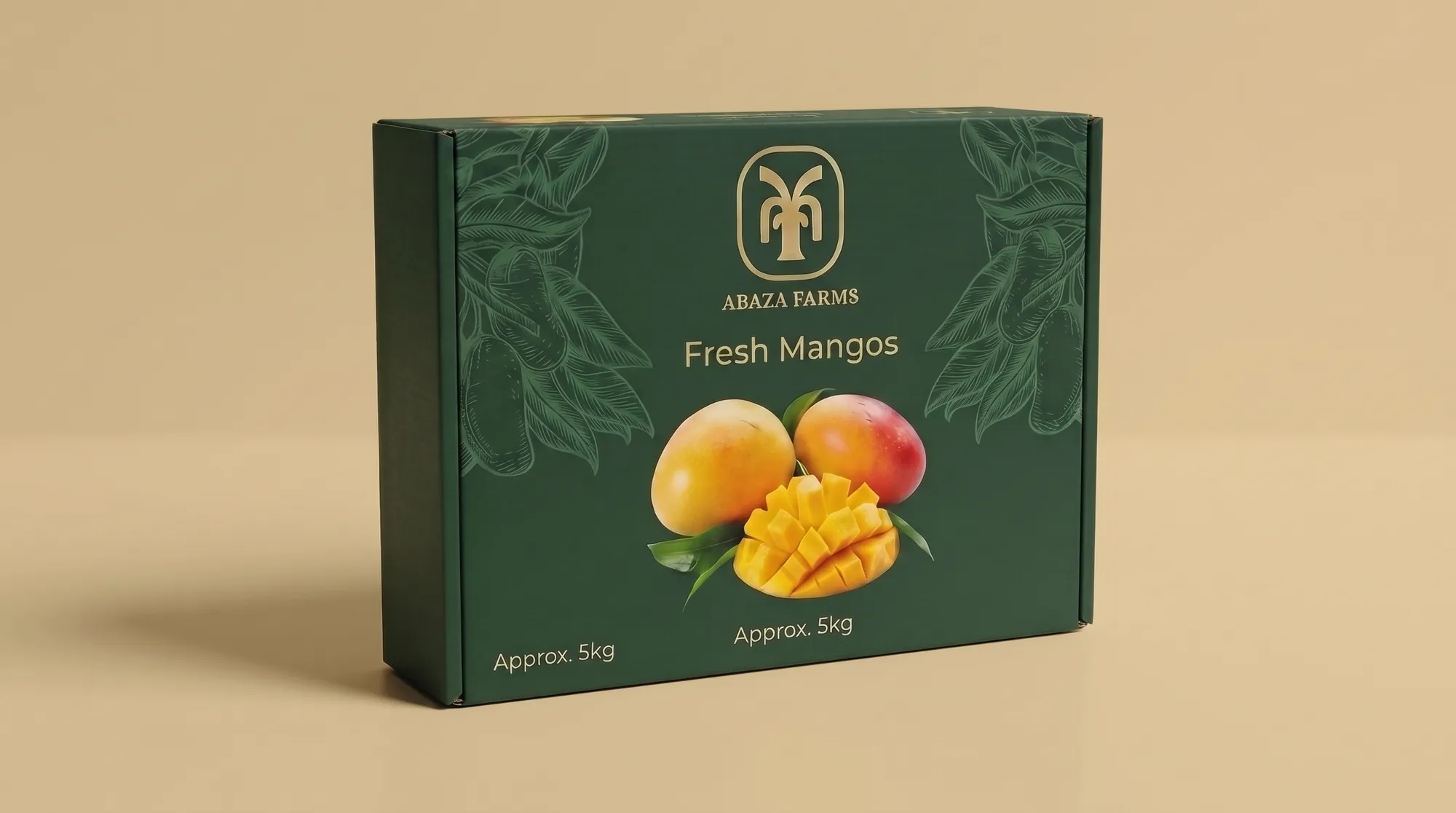 Green Abaza Farms mango box with fresh mangoes printed on the front