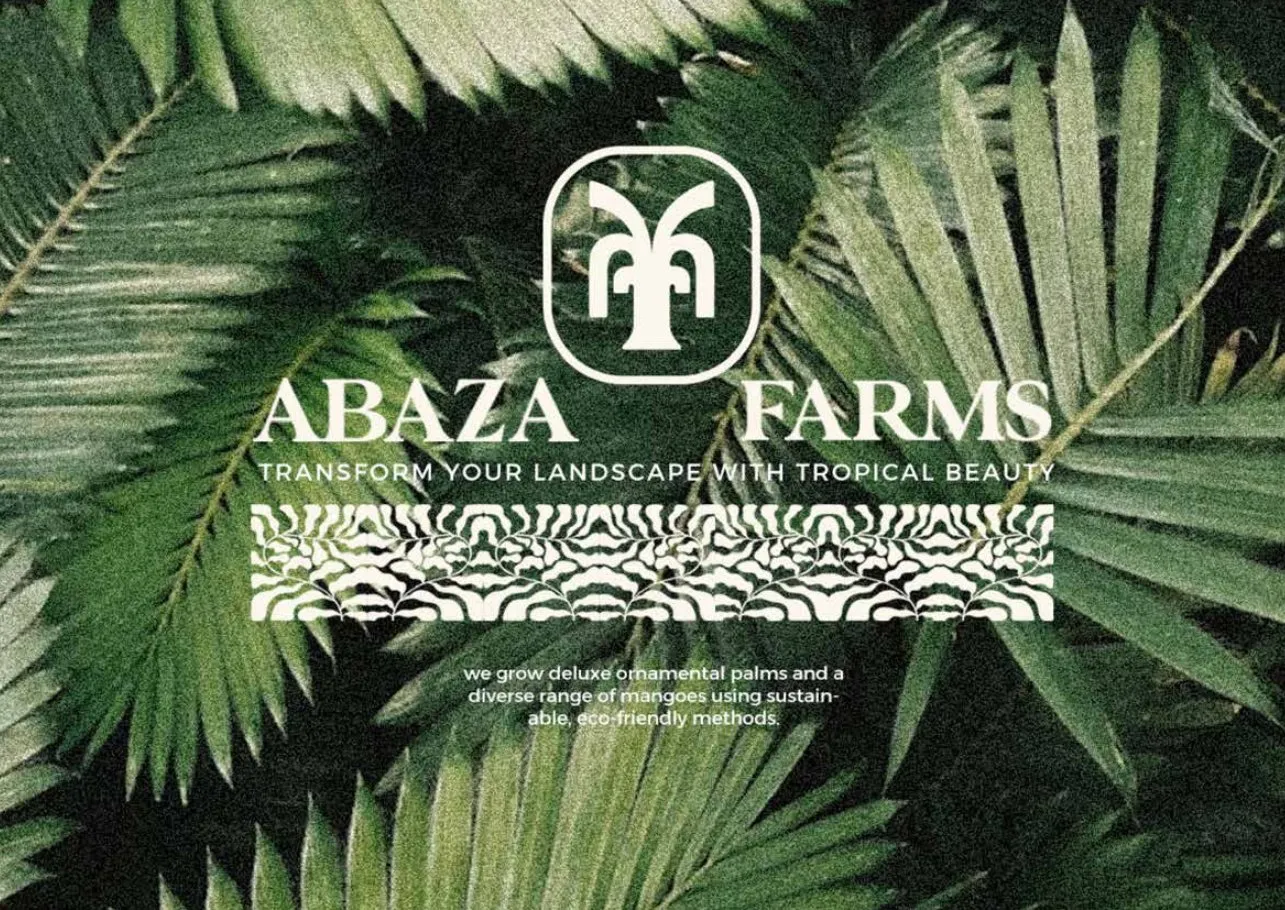 Abaza Farms logo and frond pattern over dense palm leaves