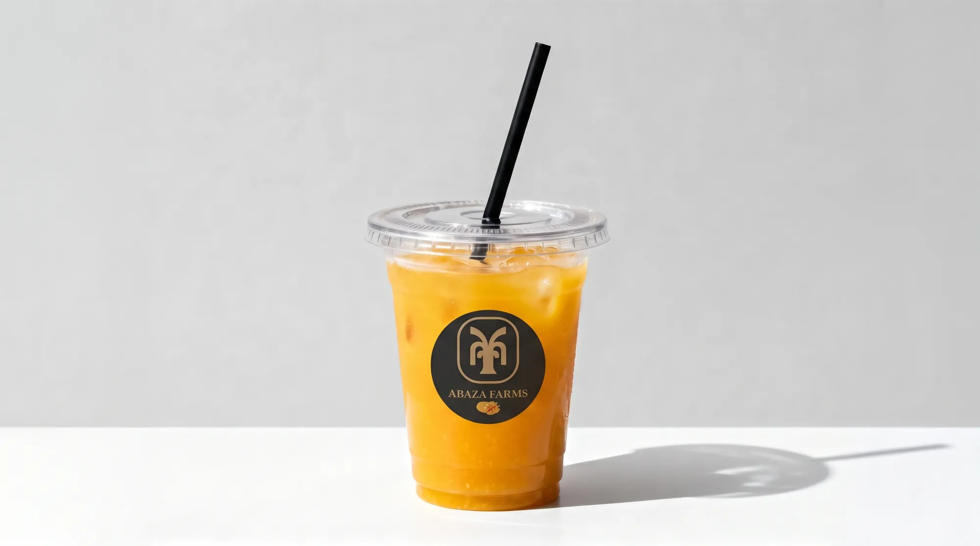 Iced mango juice cup with the Abaza Farms sticker