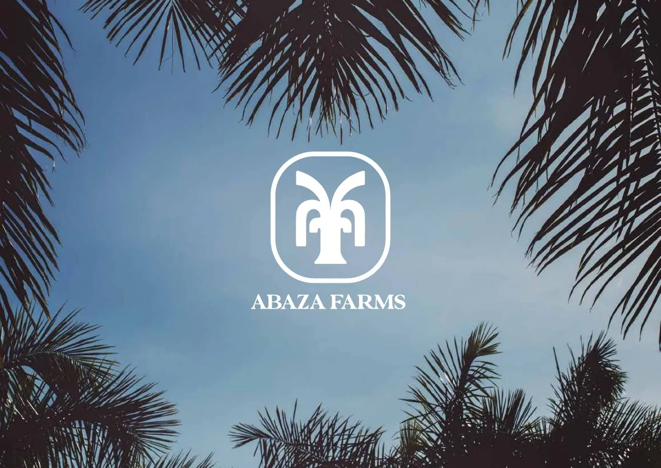 White Abaza Farms logo framed by palm silhouettes against the sky