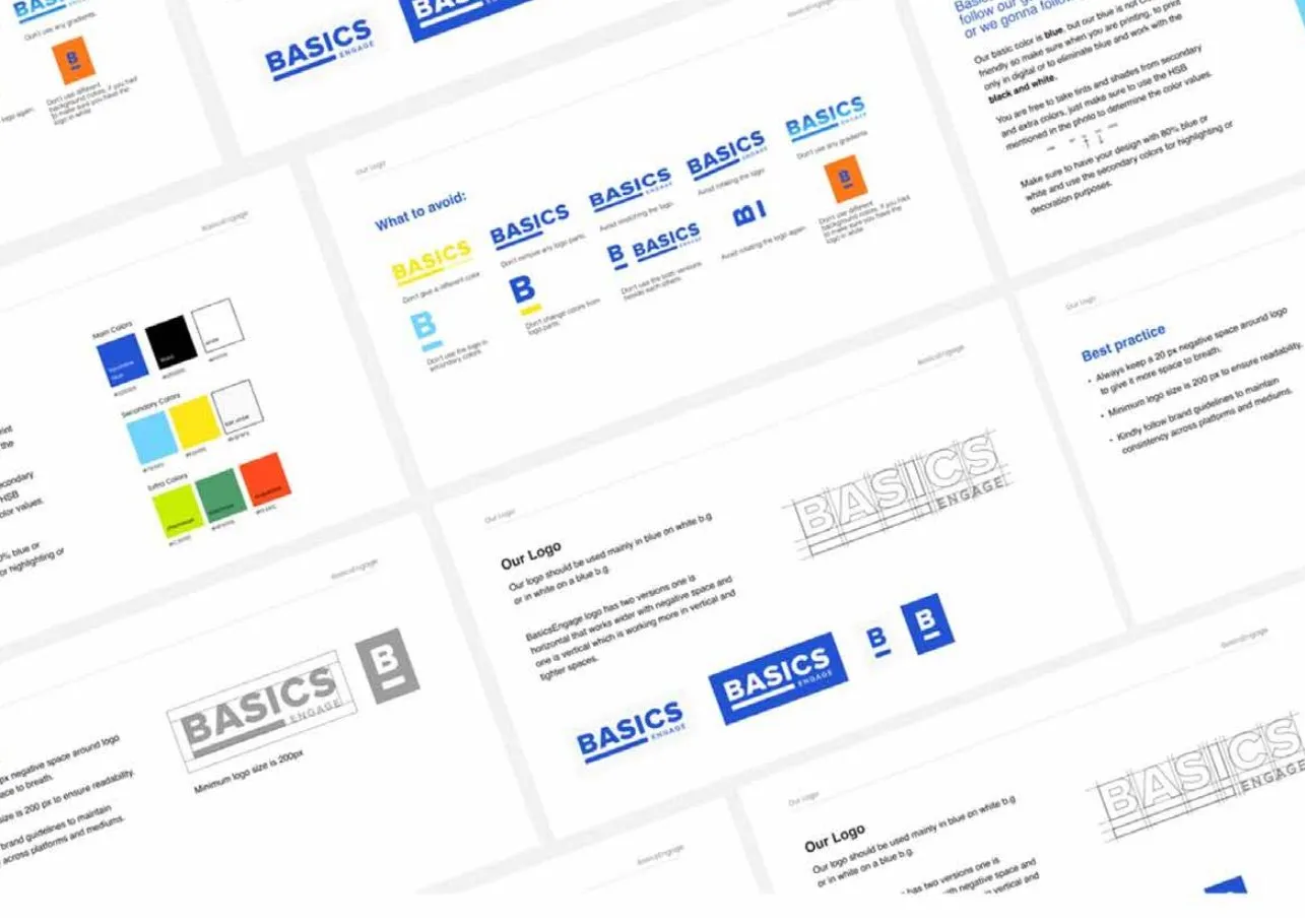 Pages from the Basics Engage brand guidelines