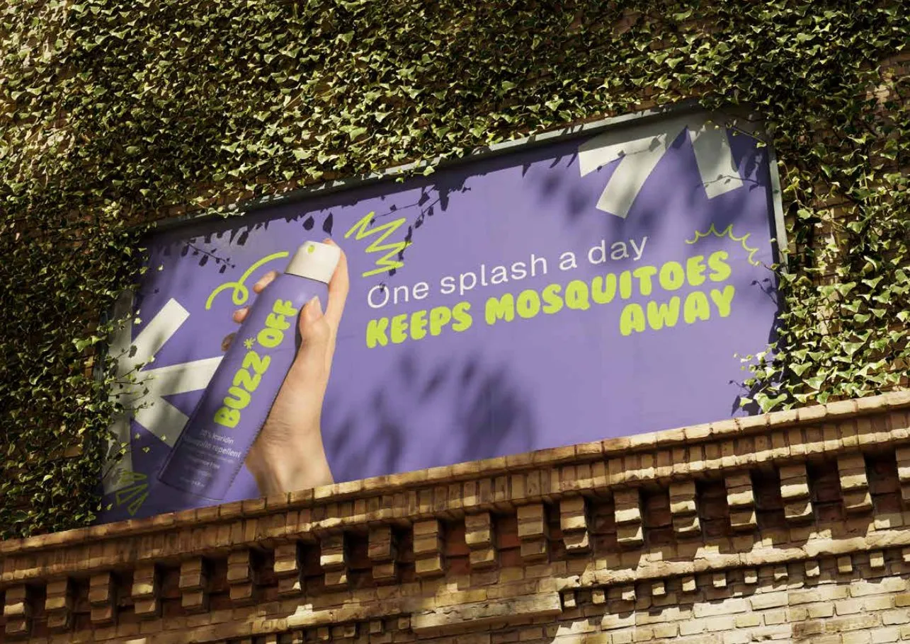 Purple BuzzOff billboard on an ivy-covered wall: one splash a day keeps mosquitoes away