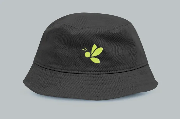 Black bucket hat with the lime BuzzOff mark
