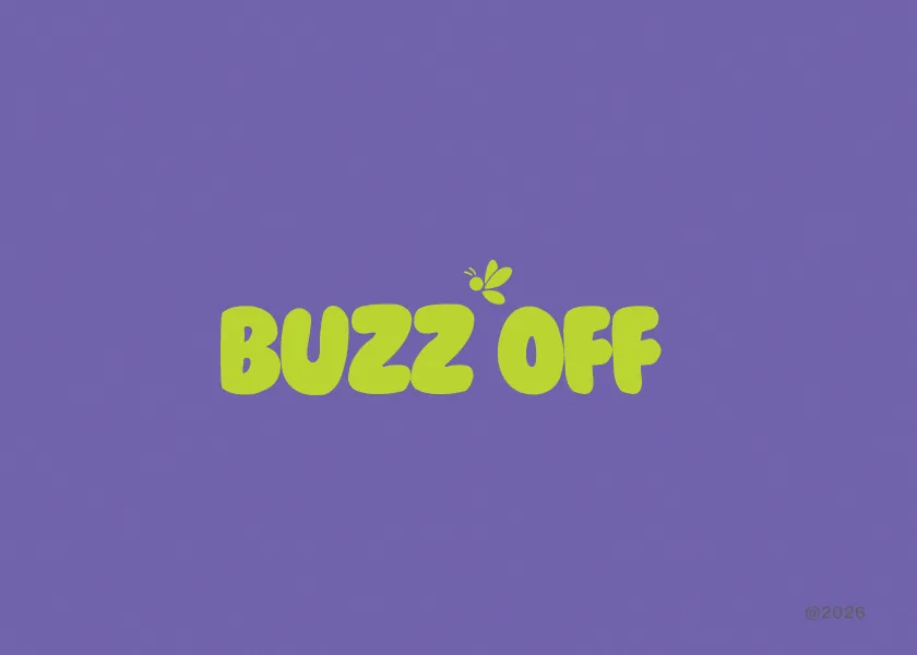 BuzzOff wordmark with the mosquito asterisk mark in lime on purple