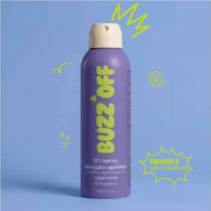 BuzzOff can on a blue background with lime doodles