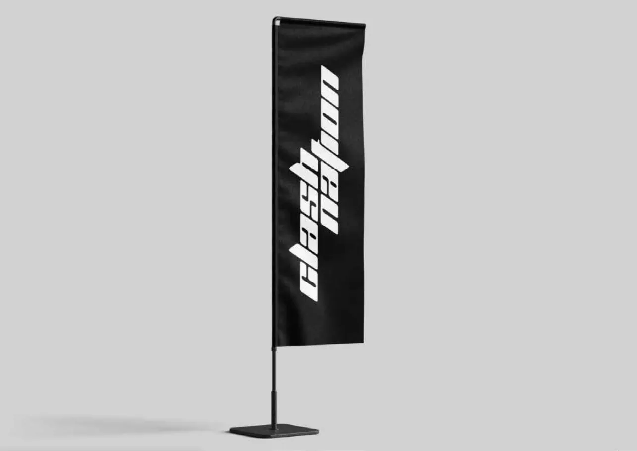 Black feather flag with the vertical wordmark