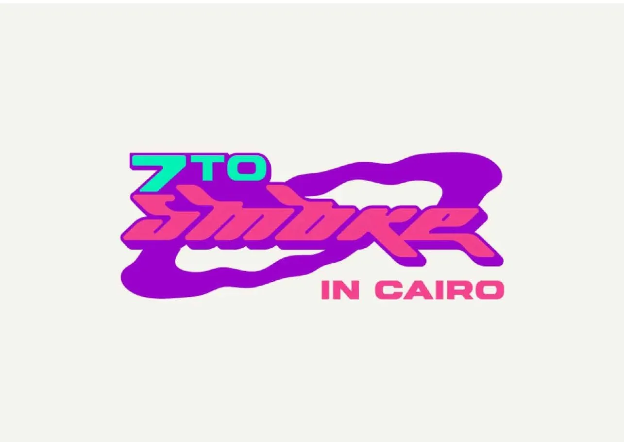 7 to Smoke in Cairo logo in pink and teal on a purple smoke shape