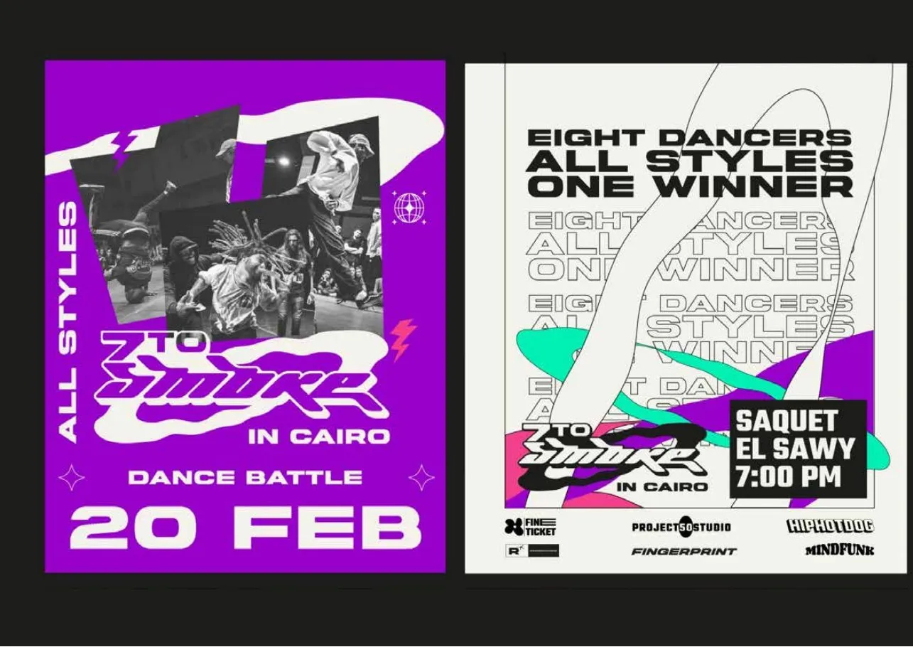 Two 7 to Smoke posters, one purple with battle photos, one listing eight dancers, all styles, one winner