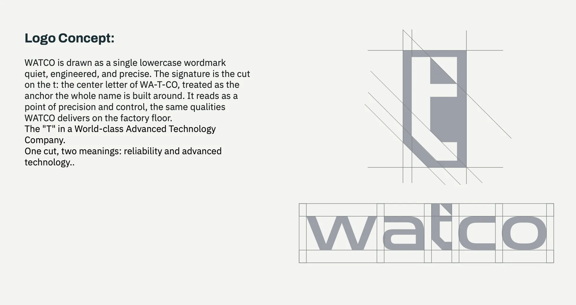 Logo concept page showing the construction grid of the t icon and the watco wordmark