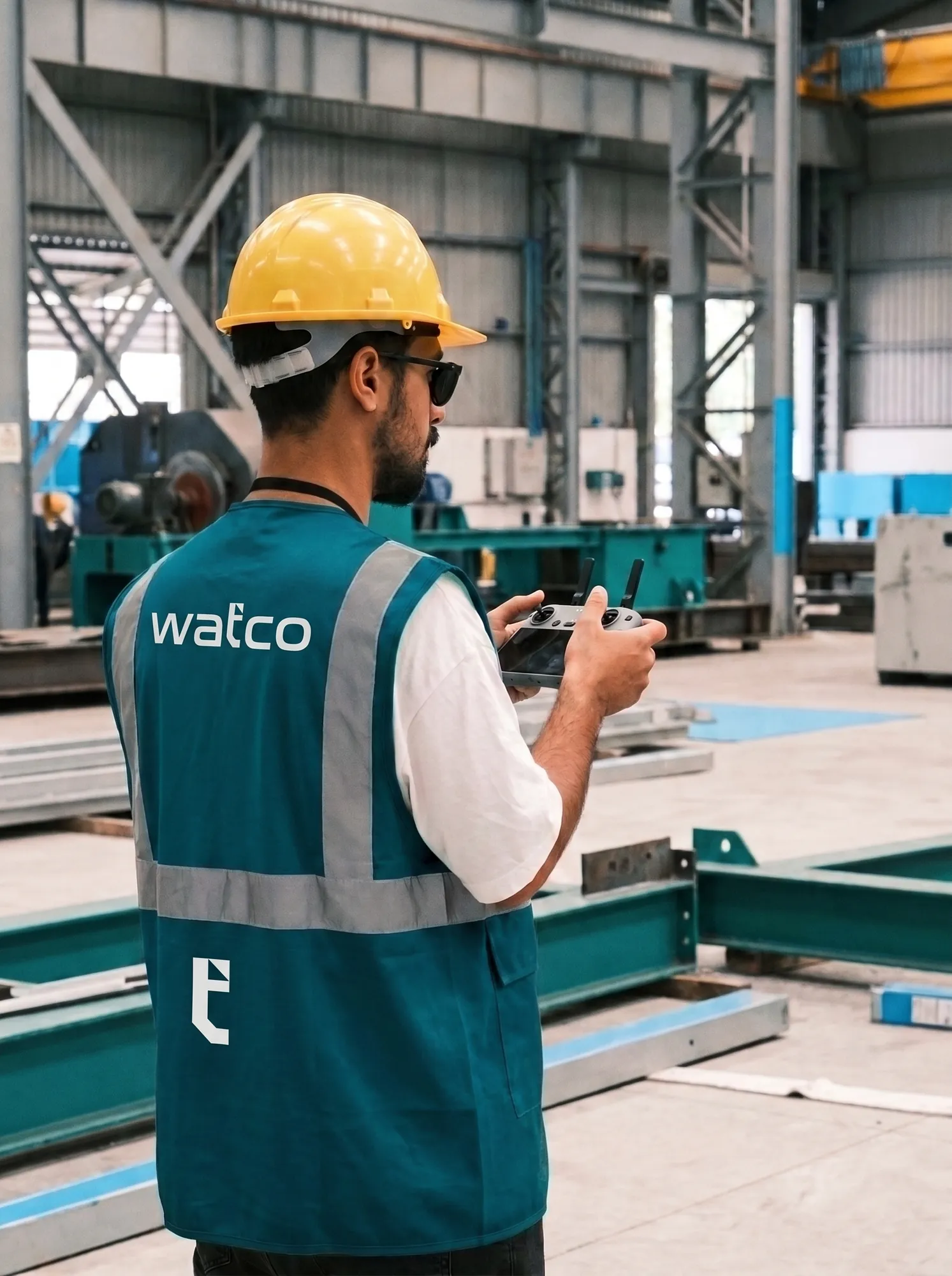 Worker in a teal Watco vest operating a drone controller in a factory