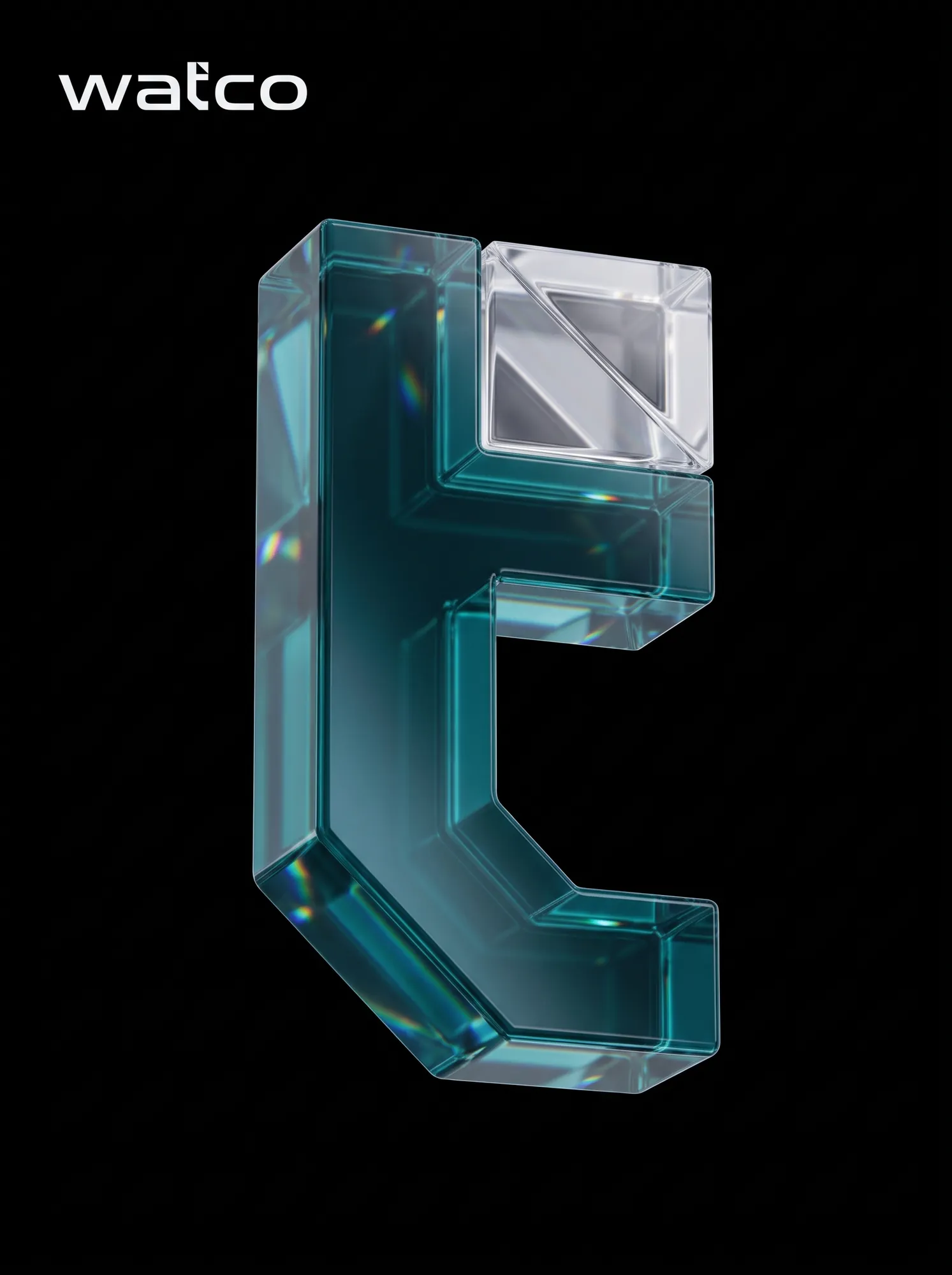 The t icon as a glass 3D object on black