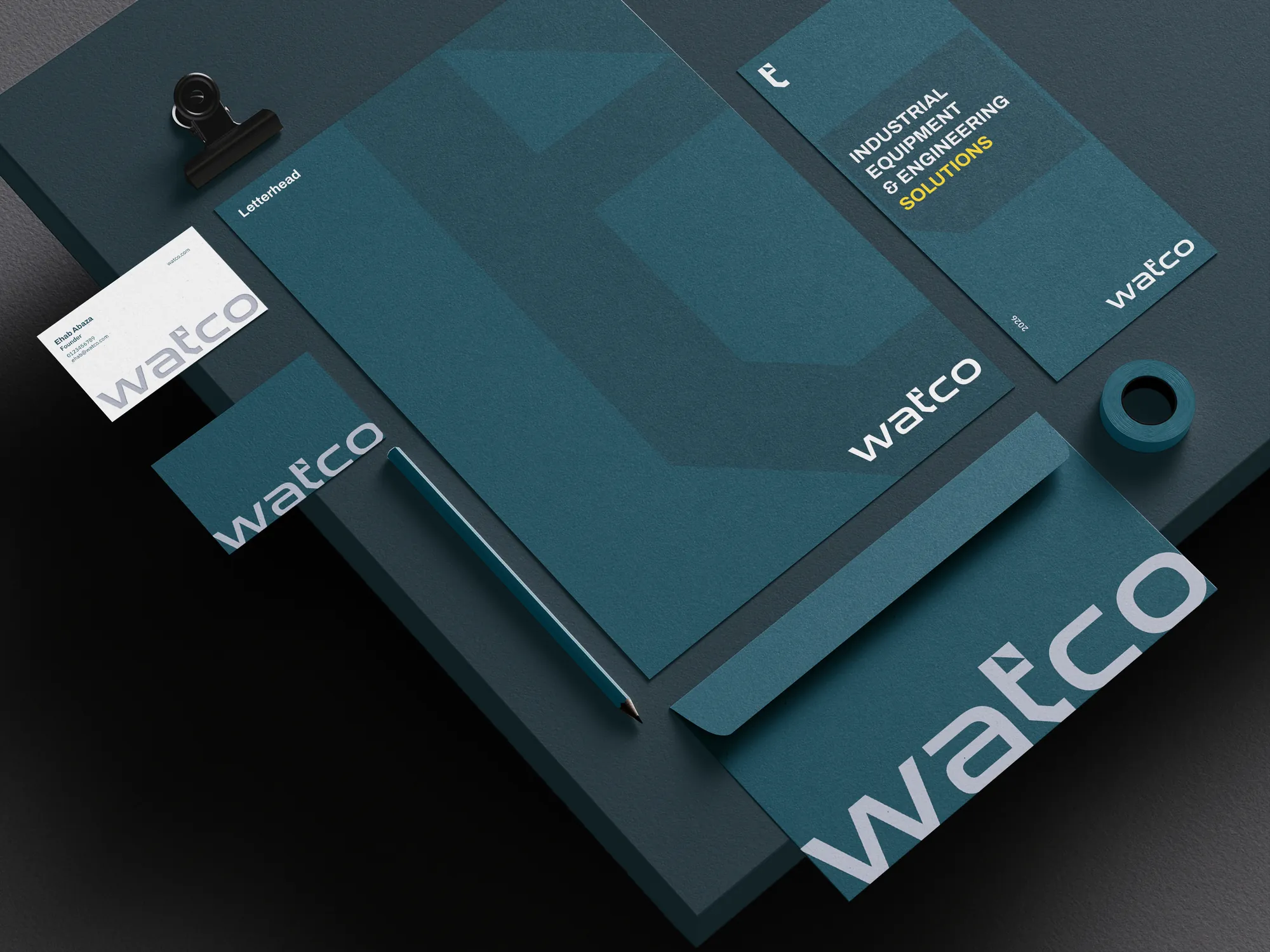 Watco letterhead, business cards, envelopes and folder in deep teal